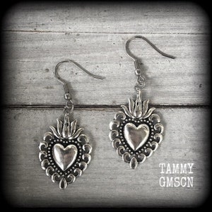 Sacred heart earrings Milagros heart earrings Flaming heart earrings Folk art earrings Tattoo heart Catholic heart Religious jewelry Gauges