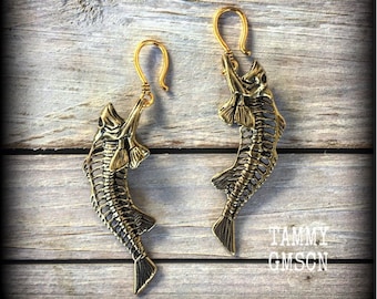 Fish skeleton earrings Barracuda earrings 8 gauge ear weights Brass ear weights Ear hangers 6 gauge tunnel dangles 2 gauge 0 gauge earrings