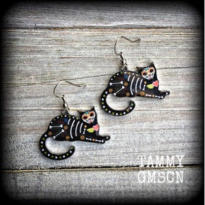 Cat earrings Day of the Dead cat earrings Black cat earrings Sugar skull earrings Los Muertos earrings Halloween earrings Tunnels Plugs