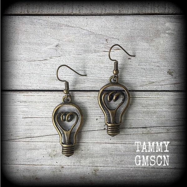 Light bulb earrings Electricity earrings Light globe Edison Science earrings Tunnel friendly Pierced ears Clip ons Gauges Nerd Geek earrings