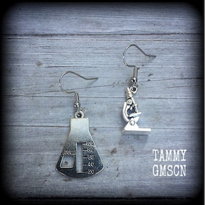 Microscope earrings Beaker earrings Medical instruments Chemistry earrings Science earrings Lab geek Nerd jewelry Science jewelry Pierced