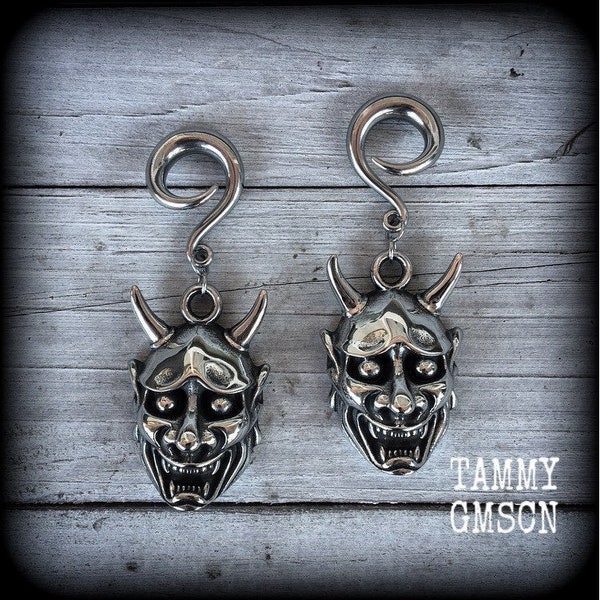 Hannya Mask gauged earrings 2 gauge ear weights Hannya ear weights Stretched lobes Body jewelry Gauges 4mm 6mm 8mm 10mm 12mm 14mm 16mm