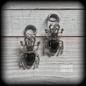 May include: A pair of silver-toned beetle-shaped ear weights featuring a circular top loop and a textured black body with intricate metallic detailing. The text TAMMY GMSCN is visible in the lower right corner of the image.