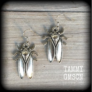 May include: A pair of silver-toned metal earrings shaped like cicadas, each featuring a detailed insect body with elongated wings and a hook-style ear wire. The text TAMMY GMSCN is visible in the lower right corner of the image.