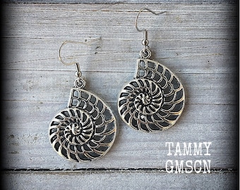 Nautilus spiral earrings Ammonite earrings Nine Inch Nails spiral earrings Fibonacci Millipede earrings Mollusc earrings Pierced ears