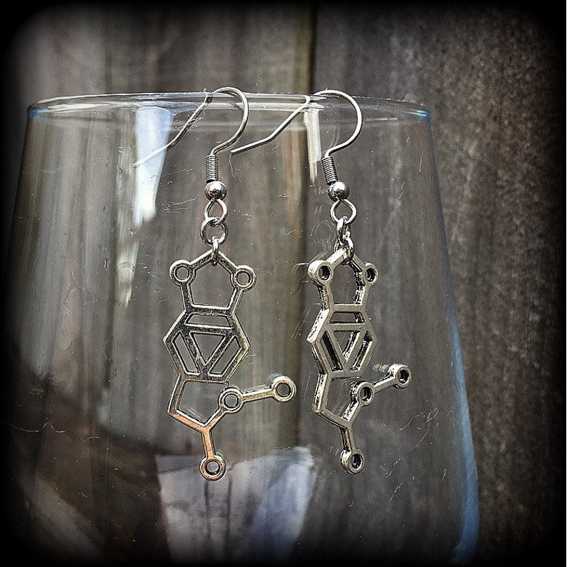 These awesome earrings feature a pair of antique silver MDMA molecules, measuring just under 5cms from tip to tip, weighing only a gram or two each.

This pair have been made with stainless steel french hooks, for pierced ears.