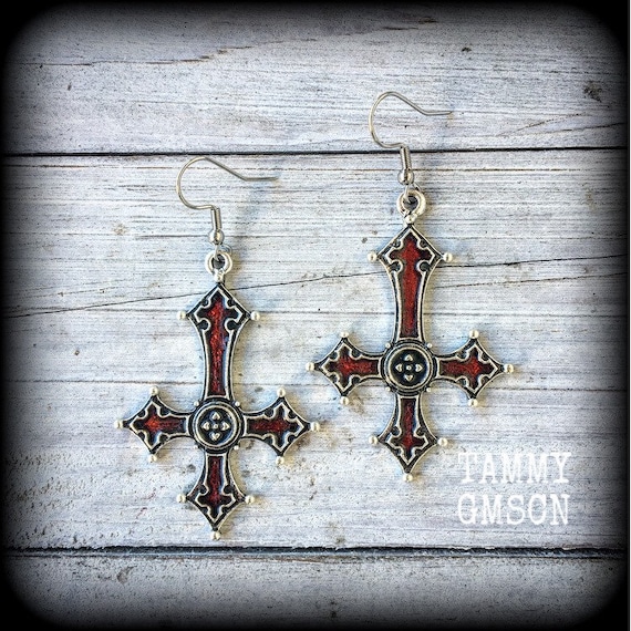 Red Inverted Cross Earrings Gothic Cross Earrings Occult Jewelry