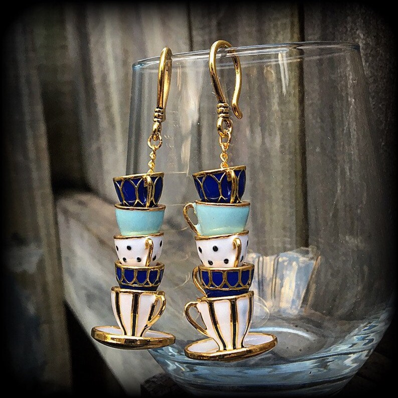 Cup of tea earrings Stacked cups earrings Tunnel earrings Cute earrings Gauged earrings 16g 14g 12g 10g 8g 6g 4g 2 gauge 0g 00g 716 12