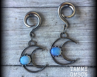 Crescent moon gauged earrings 2 gauge moon ear weights 6mm Opalite ear hangers Gemstone ear weights 6g 2g 0g 00g 1/2” 9/16” 5/8” 3/4” 7/8”