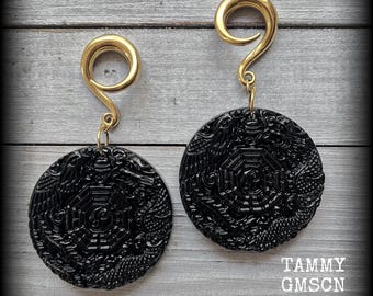 Chinese phoenix and dragon ear weights 2 gauge gemstone ear weights 6mm Gemstone ear hangers 6g 2g 00g 1/2” 9/16” 3/4” 7/8” 1” 1.10” 1.18