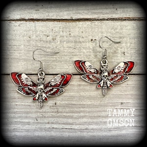 Deaths head moth earrings Deathshead moth earrings Hawk moth earrings Insect earrings Bugs earrings Entomology Red moth earrings Gothic Occu