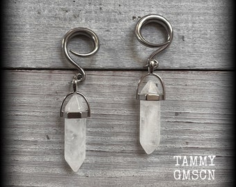 Clear quartz gauged earrings Ear gauges Gemstone ear weights Ear hangers 6 gauge ear weights Crystal ear weights Ear jewelry Body jewelry