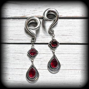 Garnet ear hangers Gauged earrings Garnet ear weights 00 gauge gemstone ear weights 10mm ear gauges 2g 0g 1/2&quot; 9/16&quot; 5/8&quot; 3/4&quot; 7/8&quot; 1&quot; 1.10