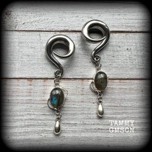Può includere: Un paio di dilatatori per orecchie argentati a forma di spirale con pietre ovali di labradorite e ciondoli a goccia. Le pietre di labradorite presentano riflessi iridescenti blu e verdi. Esposti su una superficie di legno chiaro e invecchiato.
