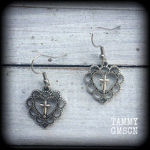 Sacred heart earrings Los Muertos earrings Milagros heart earrings Corazon earrings Day of the Dead earrings Christian cross earrings Voodoo
