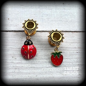 May include: A pair of gold-colored ear gauges with decorative sunburst edges. One gauge features a red ladybug charm with black spots, and the other has a red strawberry charm with green leaves.