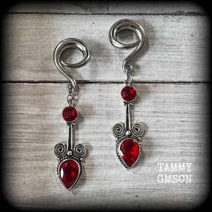 Garnet ear hangers Gauged earrings Garnet ear weights 2 gauge gemstone ear weights 6mm ear gauges 2g 0g 1/2&quot; 9/16&quot; 5/8&quot; 3/4&quot; 7/8&quot; 1&quot; 1.10