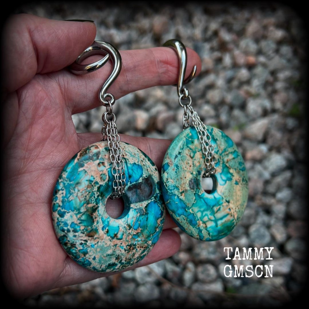 Turquoise Ocean Jasper Ear Hangers 5/8
