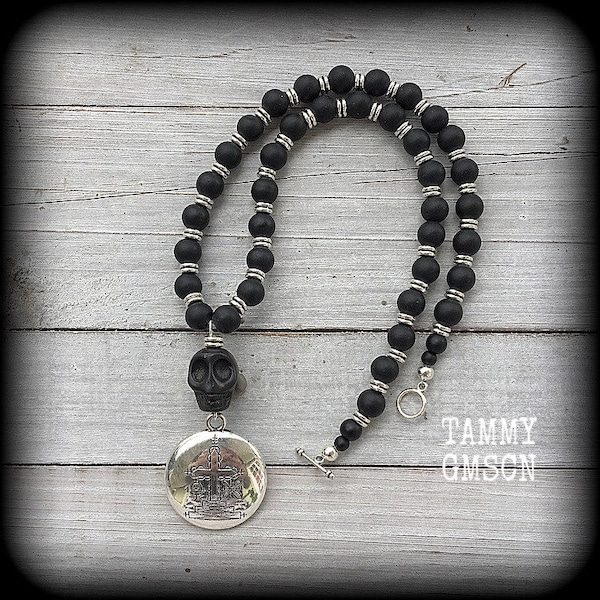 Papa Ghede necklace Voodoo Veve neaclace pendant Loa necklace Skull necklace Black obsidian necklace Howlite Stone Rosary Bead Necklace
