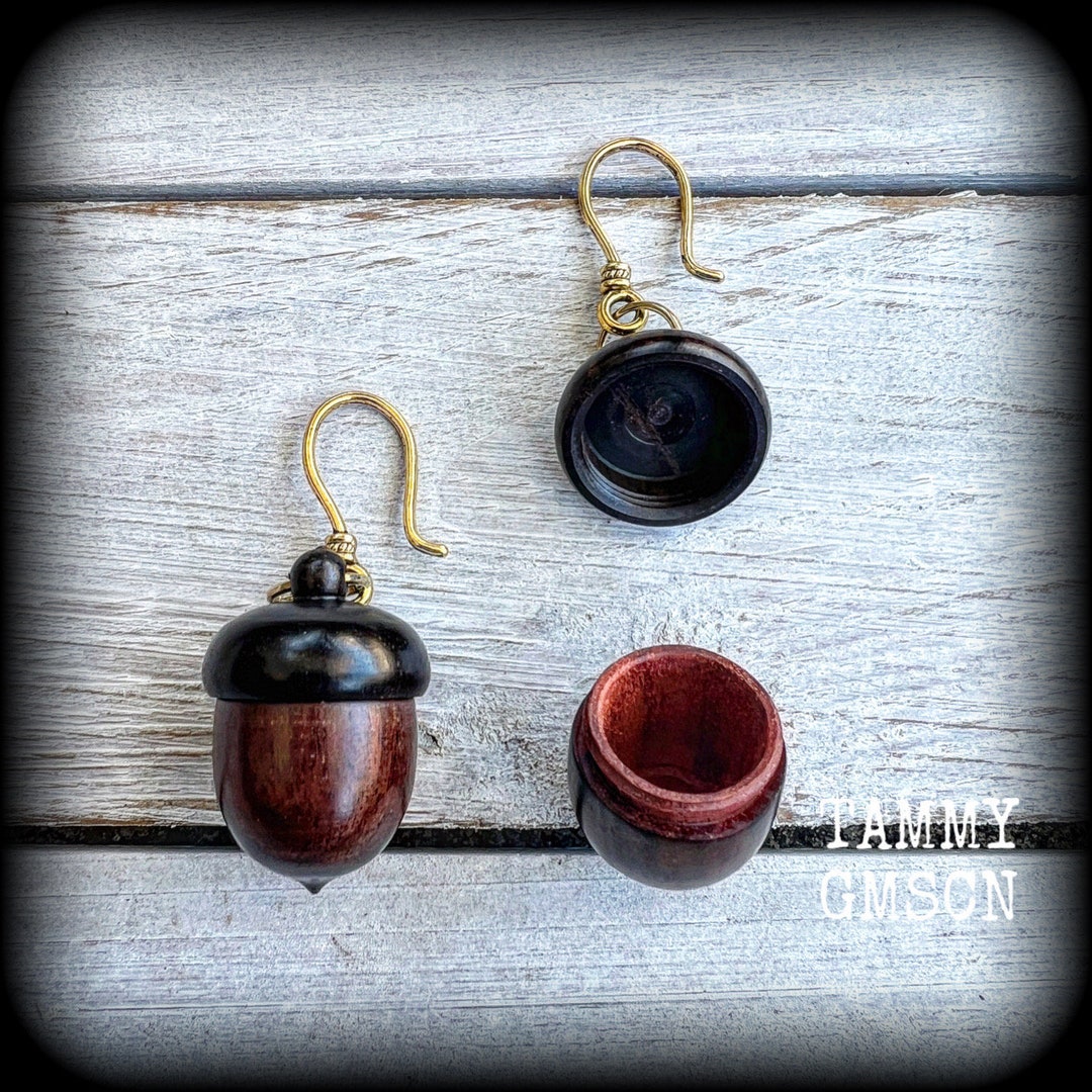 Wood acorn earrings Stash pot 8 gauge ear weights Memorial urn Body