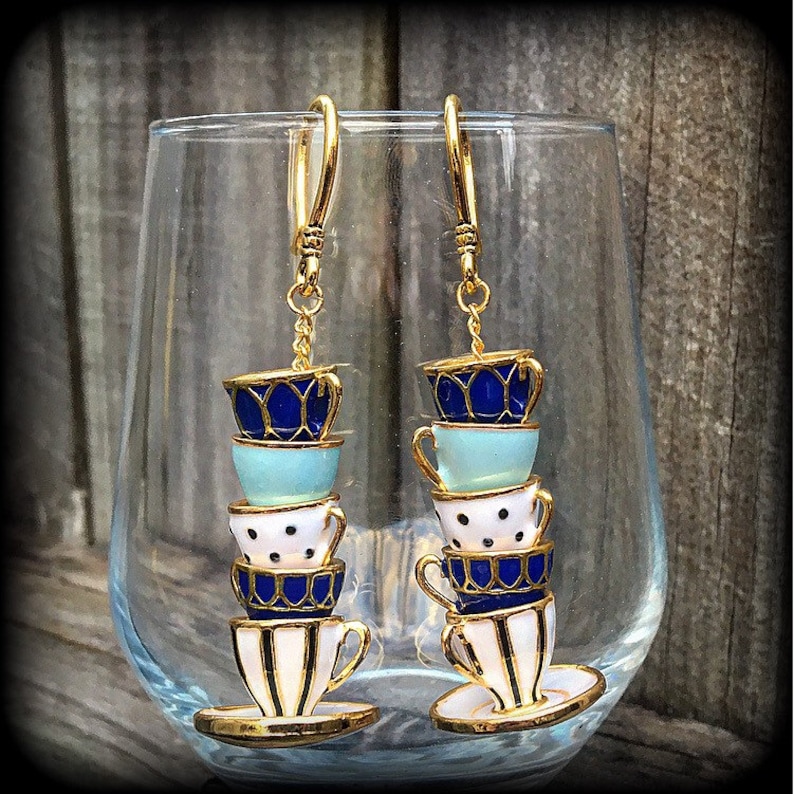 Cup of tea earrings Stacked cups earrings Tunnel earrings Cute earrings Gauged earrings 16g 14g 12g 10g 8g 6g 4g 2 gauge 0g 00g 716 12