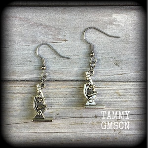Geek earrings Science lab earrings Microscope Science earrings Science jewelry Plugs Tunnels Chemistry jewelry Pierced ears Clip ons Gauges