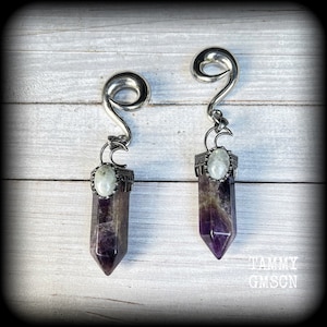 Amethyst ear weights Gemstone ear weights 00 gauge ear weights Labradorite Crescent moon ear hangers 6g 2g 0g 00g 1/2” 9/16” 5/8” 3/4” 7/8”