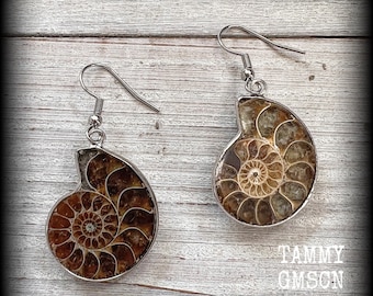 Ammonite earrings Fossil earrings Nautilus earrings Jurassic earrings Fibonacci earrings Gauges Body jewelry Fossil jewelry Ocean jewelry