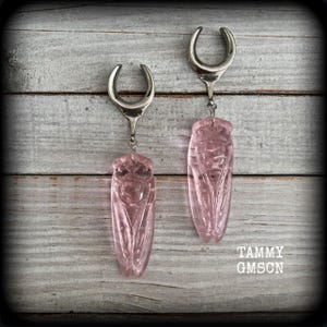 Pink quartz cicada lobe hangers 3/4” gauge insect ear weights 10mm quartz ear hangers 6g 2g 0g 00g 1/2” 9/16” 5/8” 3/4” 7/8” 1” 1.10” 1.18"