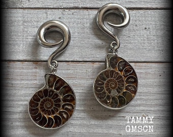 Pesi per orecchie in fossile di ammonite calibro 0, ganci per orecchie di nautilus in ammonite, ganci per lobo in ammonite da 8 mm, 2 g, 00 g, 1/2", 9/16", 5/8", 3/4", 7/8", 1", 1,10", 1,18"