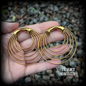 May include: A pair of gold-colored, circular earrings. Each earring features a series of concentric rings connected to a curved top piece. The earrings are held in a hand, with the text "TAMMY GMSCN" visible.