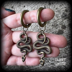 May include: A pair of antique brass-colored earrings. Each earring features a coiled snake pendant suspended from a circular hoop. The snake pendants have detailed scales and a small snake head. The earrings are displayed against a neutral background.