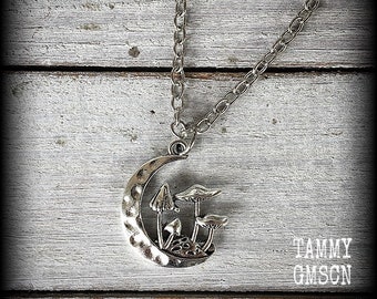 Mushroom necklace Crescent moon necklace Alice in Wonderland necklace Small mushroom necklace silver necklace Mushroom earrings Ear hangers