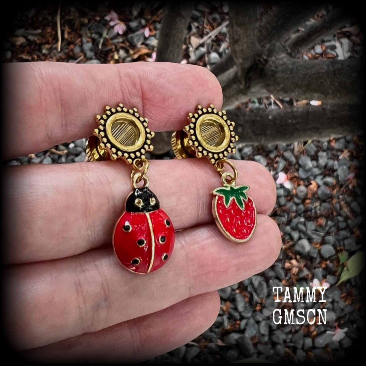 Ladybug Earrings Lady Beetle and Strawberry 8mm Tunnel Earrings 0