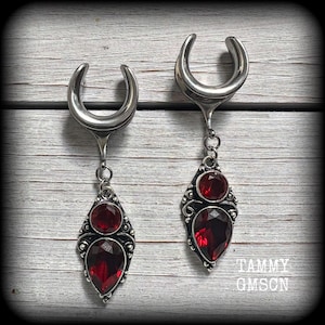 Garnet ear hangers 5/8” gauge gemstone ear weights 16mm Body jewelry Stretched lobes Gauges 6g 2g 0g 00g 1/2&quot; 9/16&quot; 3/4&quot; 7/8&quot; 1&quot; 1.10&quot; 1.18&quot;