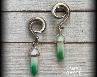 Ombre gemstone ear hangers 0 gauge gemstone ear weights 8mm green quartz gauged earrings 6g 2g 0g 00g 1/2" 5/8" 9/16" 3/4" 7/8" 1” 1.10 1.18