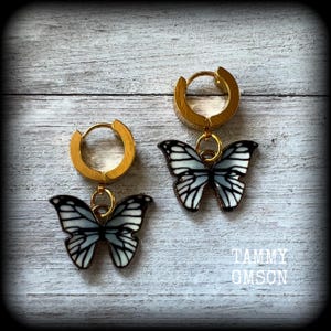 May include: A pair of gold-toned hoop earrings featuring dangling butterfly charms. Each butterfly has white wings with black vein detailing. The text TAMMY GMSCN is visible in the lower right corner of the image. The earrings are circular.