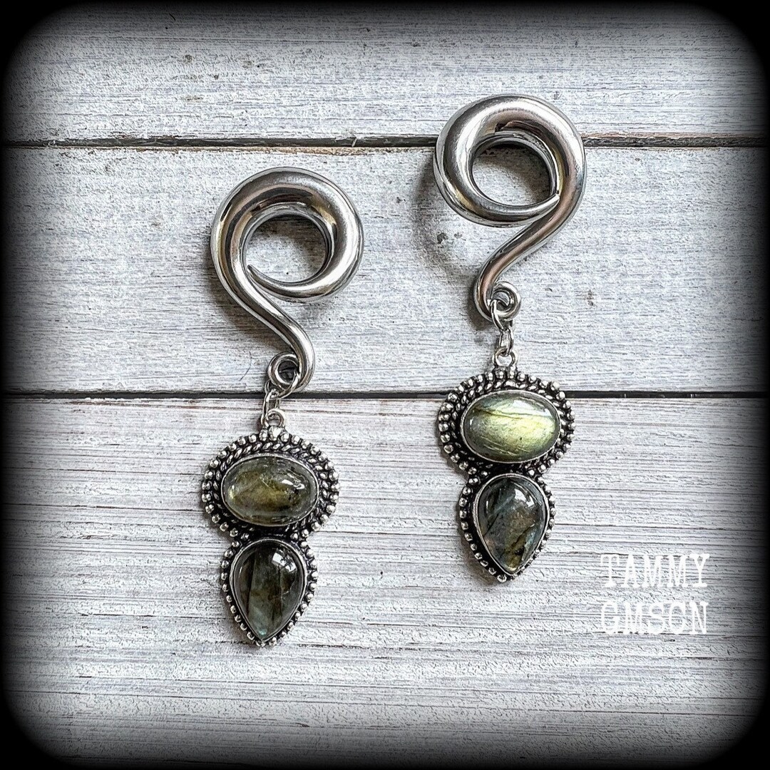Labradorite Gauges 0 Gauge Ear Weights Gemstone Ear Weights Stretched