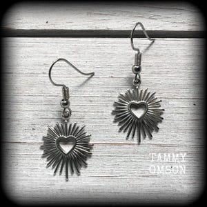 Sacred heart earrings Milagros heart earrings Flaming heart earrings Folk art earrings Tattoo heart Catholic heart Starburst earrings Gauges