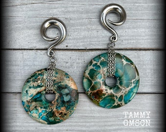 Pesas para pendientes de jaspe oceánico, pesas para pendientes de calibre 0, pesas para pendientes de piedras preciosas de 8 mm, colgadores de pendientes de 8 mm, 6 g, 2 g, 0 g, 00 g, 1/2”, 9/16”, 5/8”, 3/4”, 7/8”, 1”, 1.10”, 1.18”