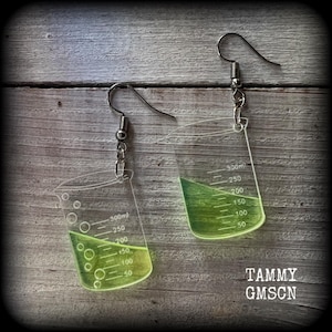 Può includere: Un paio di orecchini a tema scientifico. Ogni orecchino è un ciondolo trasparente a forma di beuta con una scala graduata e un liquido verde all'interno. Gli orecchini hanno ganci e catenelle color argento. Il testo "TAMMY GMSCN" è visibile.