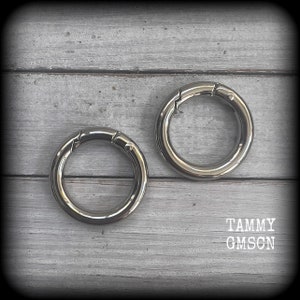 May include: Two silver metal key rings with a spring-loaded clasp. The key rings are on a wooden surface.