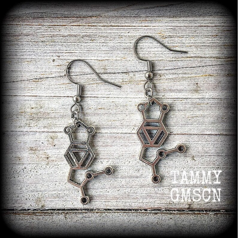 These awesome earrings feature a pair of antique silver MDMA molecules, measuring just under 5cms from tip to tip, weighing only a gram or two each.

This pair have been made with stainless steel french hooks, for pierced ears.