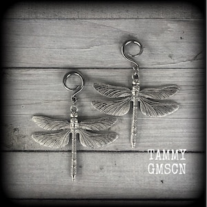 May include: Two silver dragonfly earrings with a hook design. The dragonflies have detailed wings and a textured body.