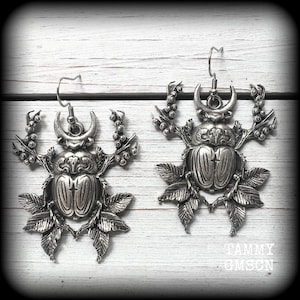Scarab beetle earrings Beetle and berries earrings Crescent moon earrings Bugs earrings Insects earrings Entomology Oddities Pierced ears