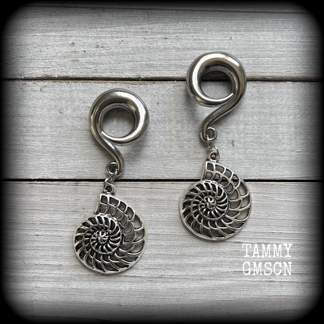 Ammonite Ear Hangers 0 Gauge Ear Weights Finbonacci Spiral Ear Weights