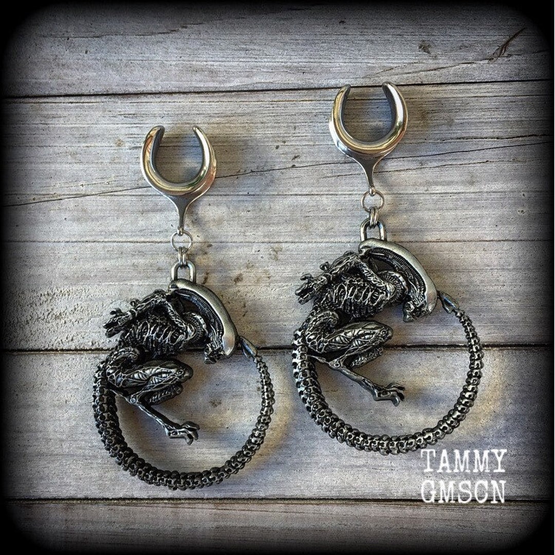 Alien Xenomorph Ear Weights 16mm Ear Weights 5/8 Earrings Steel Saddles Aliens Gauged Earrings