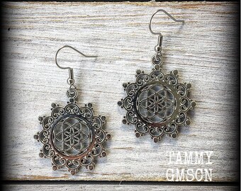 Silver Flower of Life earrings Mandala earrings Geometric earrings Seed of life earrings Sacred geometry jewelry Pierced ears Ear cuffs