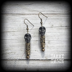 Voodoo skull earrings Ogoun earrings Black skull and antique bronze earrings Voodou jewelry Haitian voodoo Ogoun jewelry Voodoo earrings