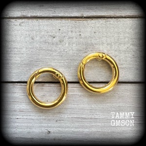 May include: Two gold-coloured round spring gate rings are shown against a weathered, light grey wooden surface. The rings are shiny and have a clasp mechanism. The text "TAMMY GMSCN" is visible in the lower right corner.